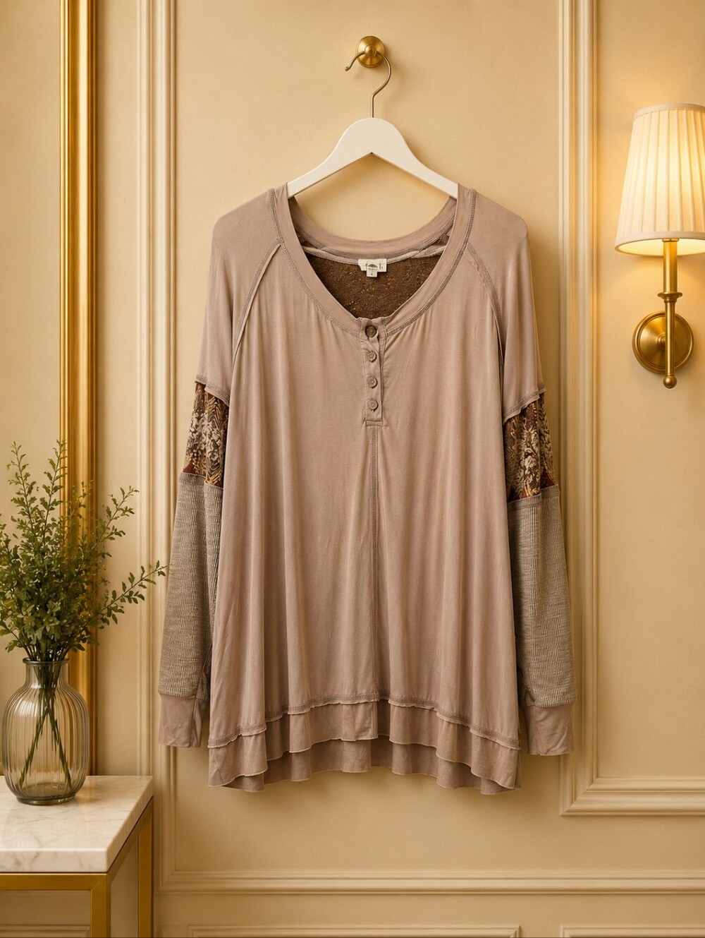 POL Medium Taupe Layered Henley Long-Sleeve Top with Contrast Sleeves